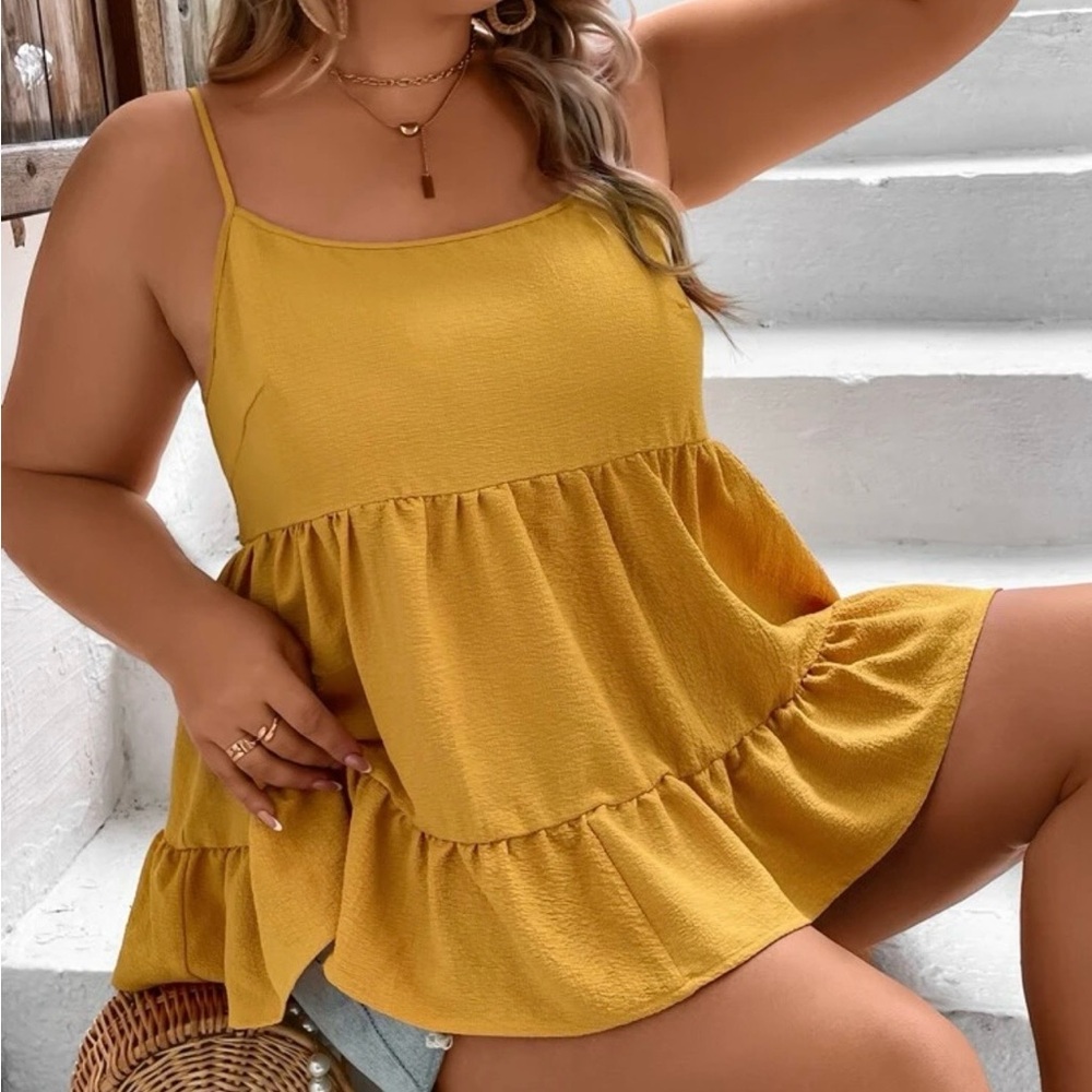 SHEIN Mustard Yellow Tiered Spaghetti Strap Tank Top